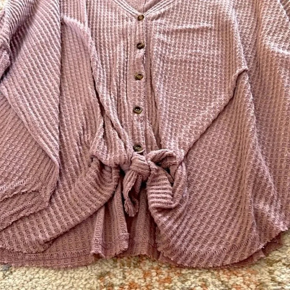 Womens Purple Waffle Knit Button Front Tie Waist Henley Long Sleeve Top Small - Picture 3 of 9